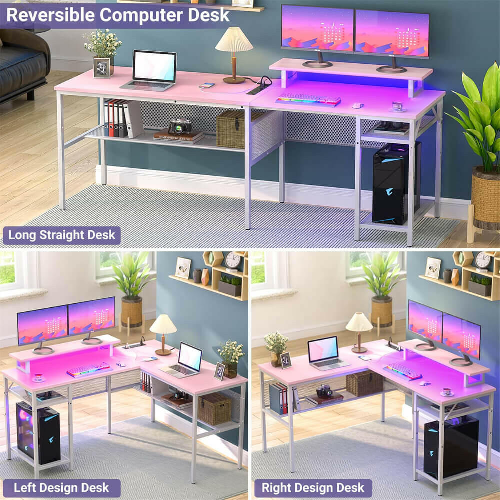 Unikito L Shaped Desk, Reversible Corner Computer Desk with Magic Power Outlets and Smart LED Light, Unique Grid Design, 55 Inch Office Desk with Monitor Stand and Storage Shelf
