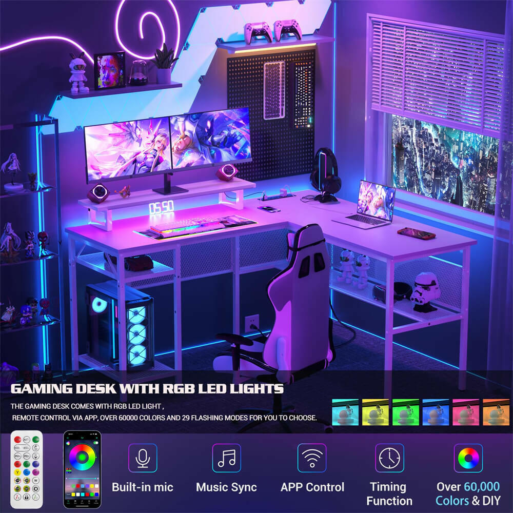 Unikito L Shaped Desk, Reversible Corner Computer Desk with Magic Power Outlets and Smart LED Light, Unique Grid Design, 55 Inch Office Desk with Monitor Stand and Storage Shelf