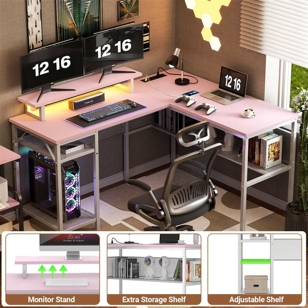 Unikito L Shaped Desk, Reversible Corner Computer Desk with Magic Power Outlets and Smart LED Light, Unique Grid Design, 55 Inch Office Desk with Monitor Stand and Storage Shelf