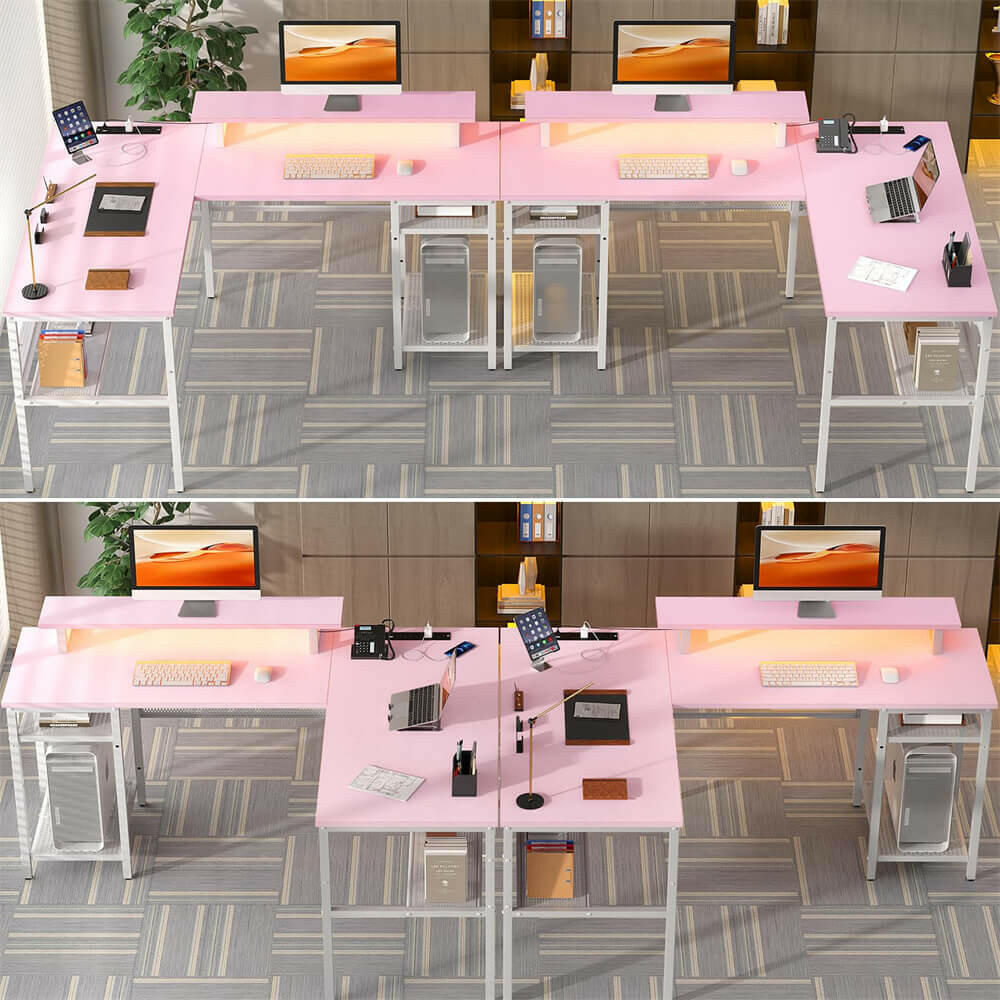 Unikito L Shaped Desk, Reversible Corner Computer Desk with Magic Power Outlets and Smart LED Light, Unique Grid Design, 55 Inch Office Desk with Monitor Stand and Storage Shelf