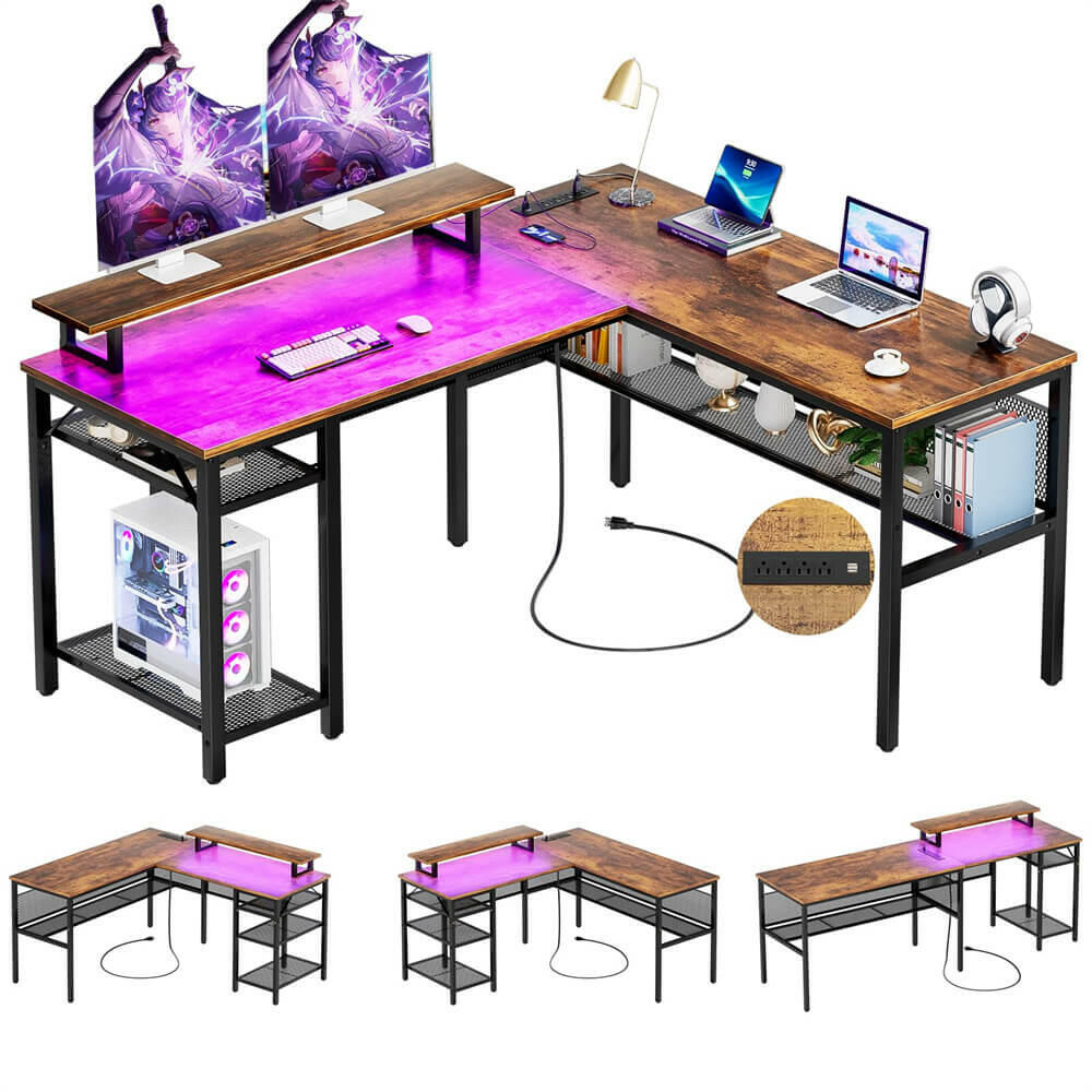 Unikito L Shaped Desk, Reversible Corner Computer Desk with Magic Power Outlets and Smart LED Light, Unique Grid Design, 55 Inch Office Desk with Monitor Stand and Storage Shelf