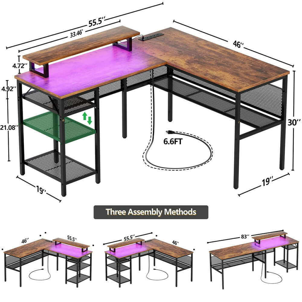 Unikito L Shaped Desk, Reversible Corner Computer Desk with Magic Power Outlets and Smart LED Light, Unique Grid Design, 55 Inch Office Desk with Monitor Stand and Storage Shelf