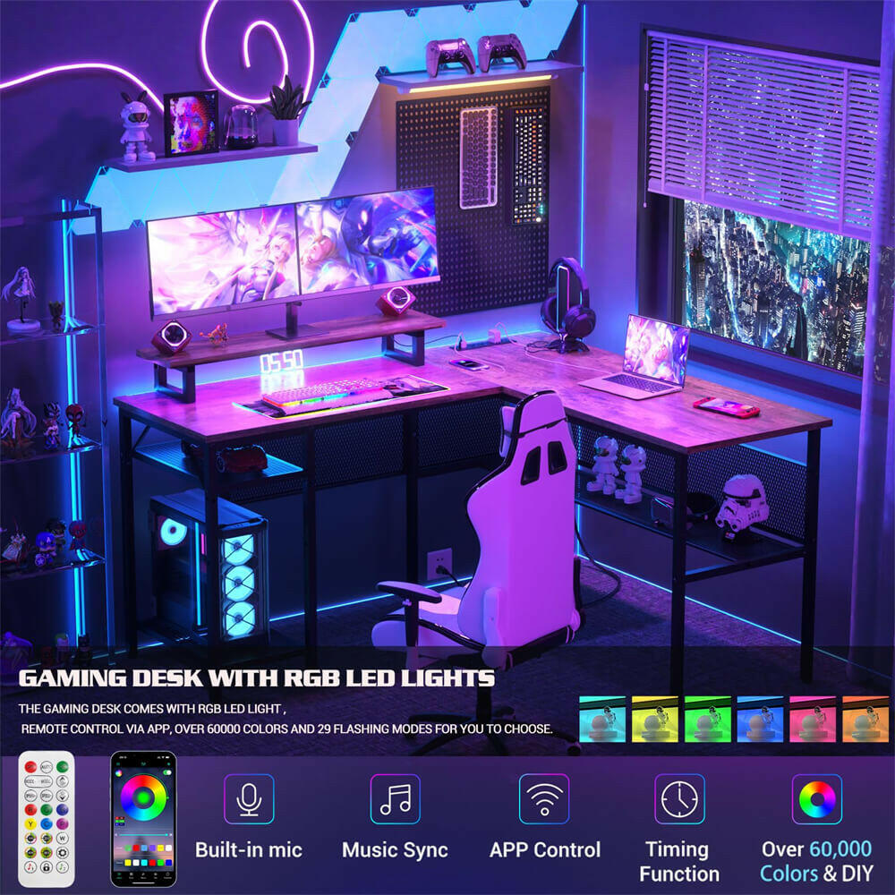 Unikito L Shaped Desk, Reversible Corner Computer Desk with Magic Power Outlets and Smart LED Light, Unique Grid Design, 55 Inch Office Desk with Monitor Stand and Storage Shelf