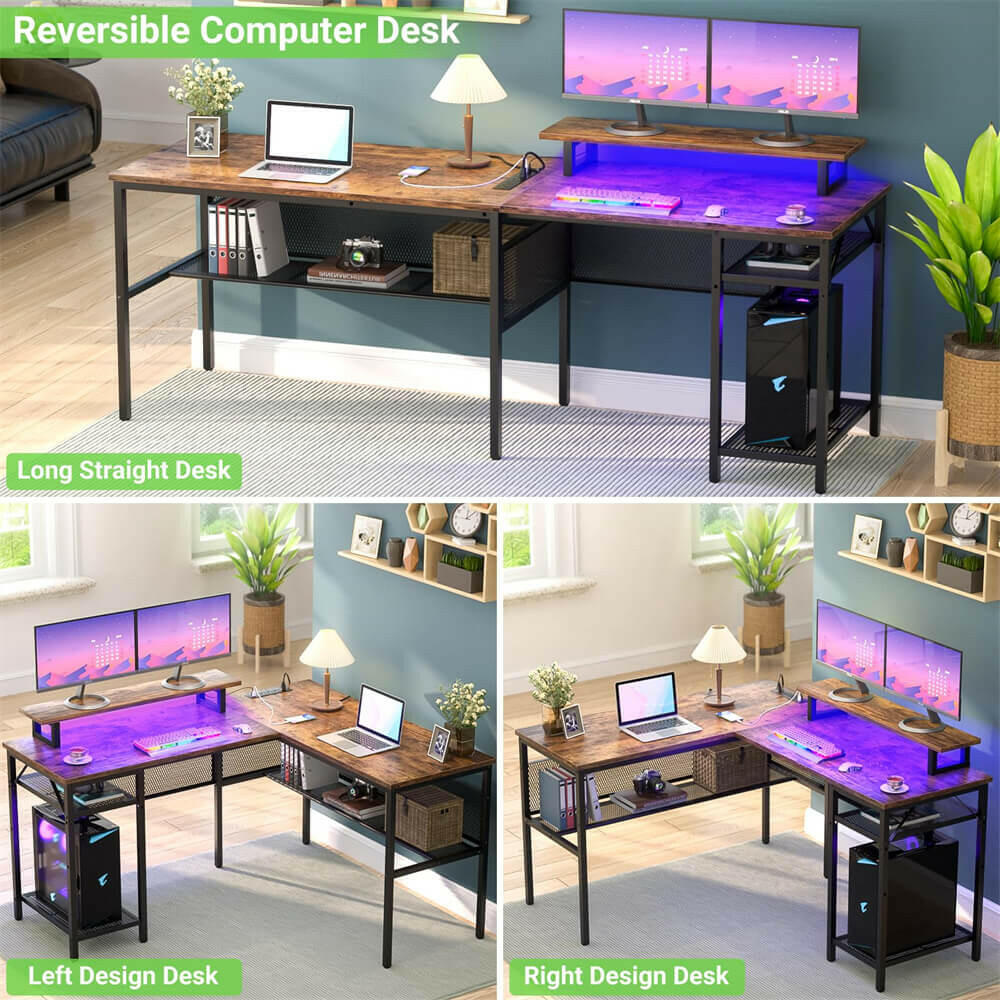 Unikito L Shaped Desk, Reversible Corner Computer Desk with Magic Power Outlets and Smart LED Light, Unique Grid Design, 55 Inch Office Desk with Monitor Stand and Storage Shelf