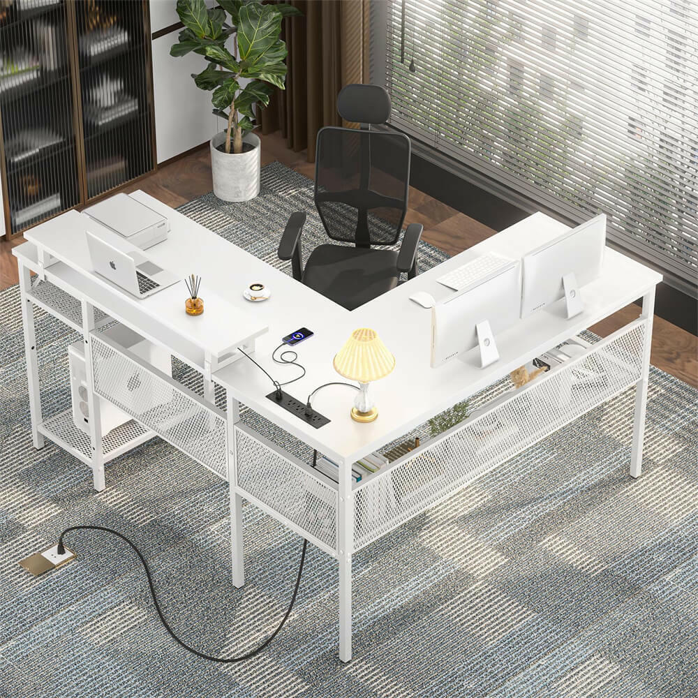 Unikito L Shaped Desk, Reversible Corner Computer Desk with Magic Power Outlets and Smart LED Light, Unique Grid Design, 55 Inch Office Desk with Monitor Stand and Storage Shelf
