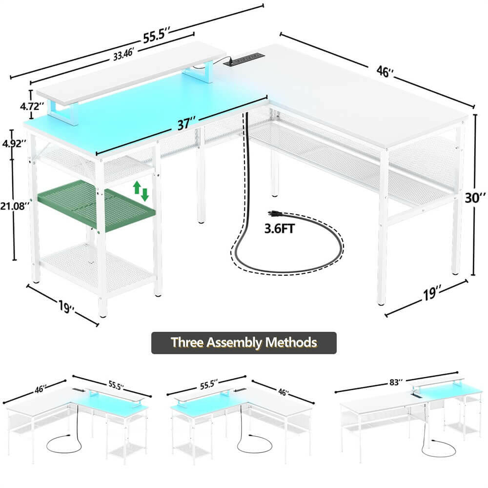 Unikito L Shaped Desk, Reversible Corner Computer Desk with Magic Power Outlets and Smart LED Light, Unique Grid Design, 55 Inch Office Desk with Monitor Stand and Storage Shelf