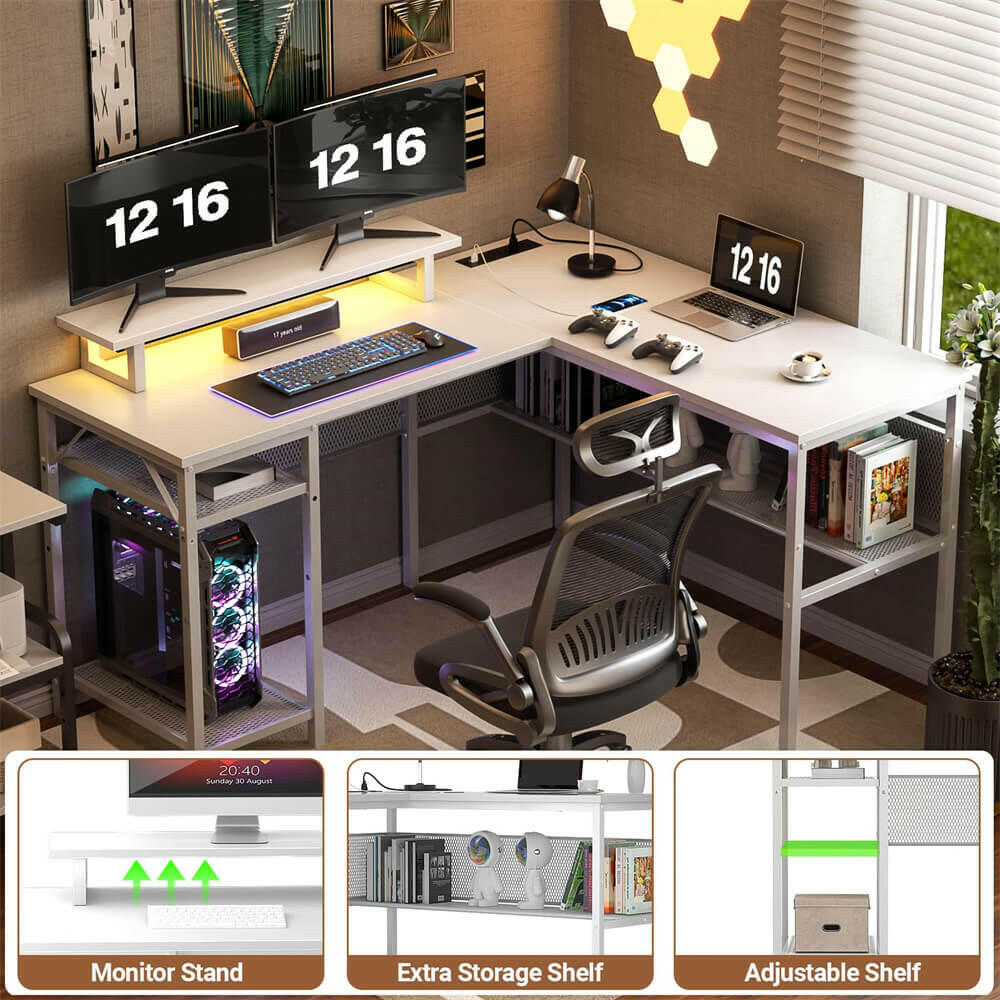 Unikito L Shaped Desk, Reversible Corner Computer Desk with Magic Power Outlets and Smart LED Light, Unique Grid Design, 55 Inch Office Desk with Monitor Stand and Storage Shelf