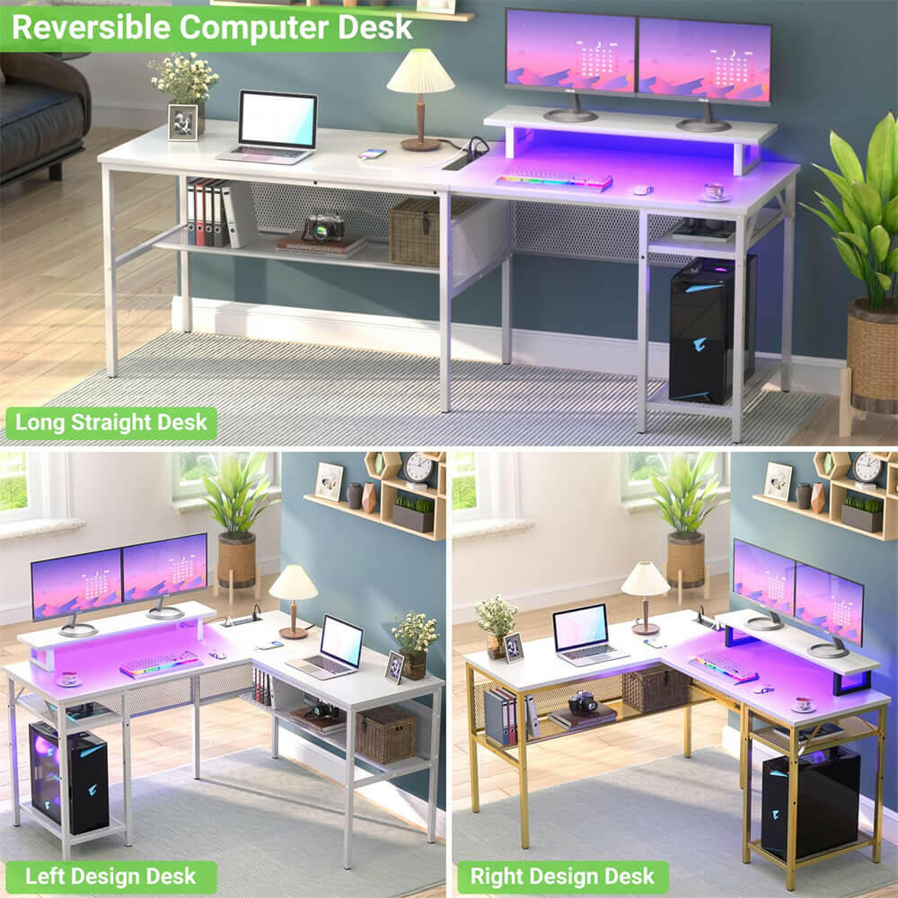 Unikito L Shaped Desk, Reversible Corner Computer Desk with Magic Power Outlets and Smart LED Light, Unique Grid Design, 55 Inch Office Desk with Monitor Stand and Storage Shelf