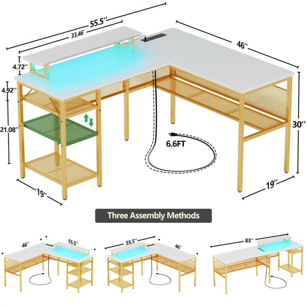 Unikito L Shaped Desk, Reversible Corner Computer Desk with Magic Power Outlets and Smart LED Light, Unique Grid Design, 55 Inch Office Desk with Monitor Stand and Storage Shelf