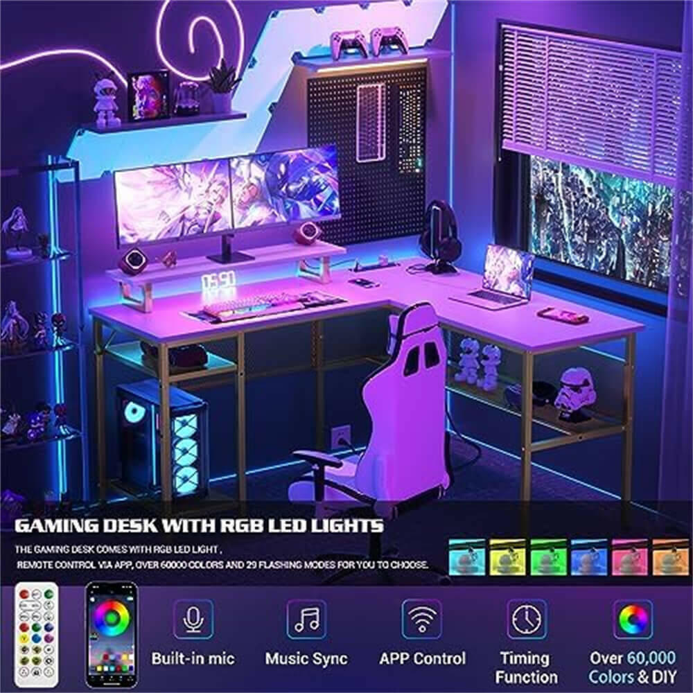 Unikito L Shaped Desk, Reversible Corner Computer Desk with Magic Power Outlets and Smart LED Light, Unique Grid Design, 55 Inch Office Desk with Monitor Stand and Storage Shelf