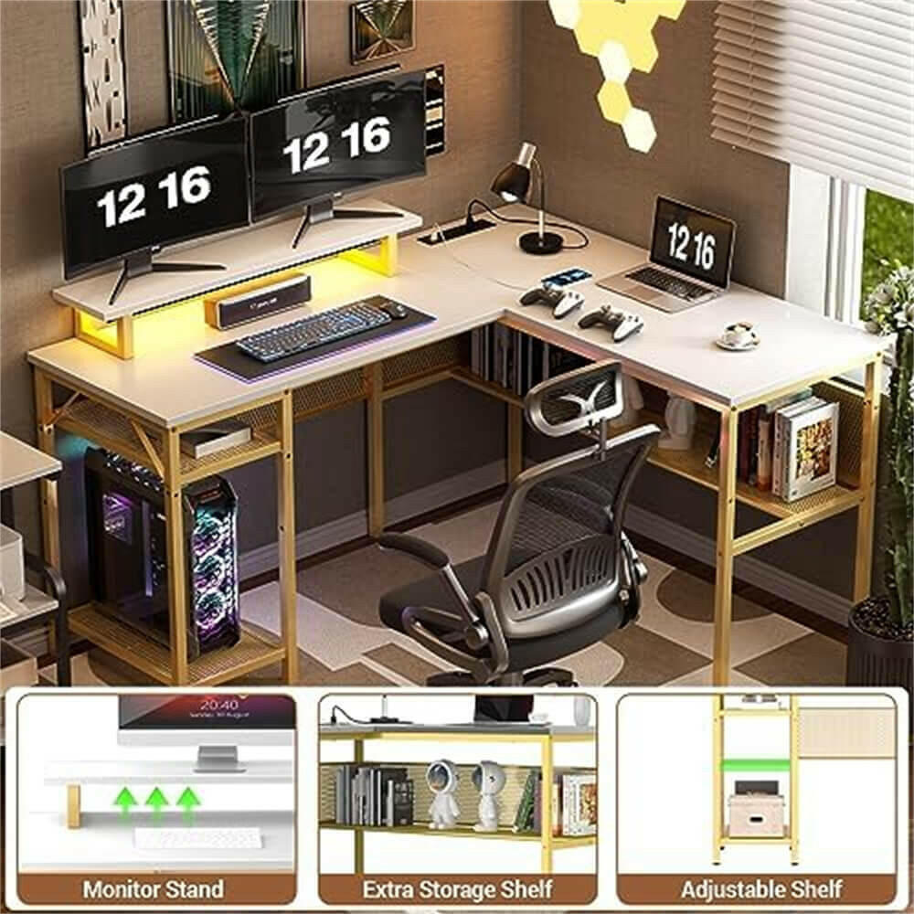 Unikito L Shaped Desk, Reversible Corner Computer Desk with Magic Power Outlets and Smart LED Light, Unique Grid Design, 55 Inch Office Desk with Monitor Stand and Storage Shelf