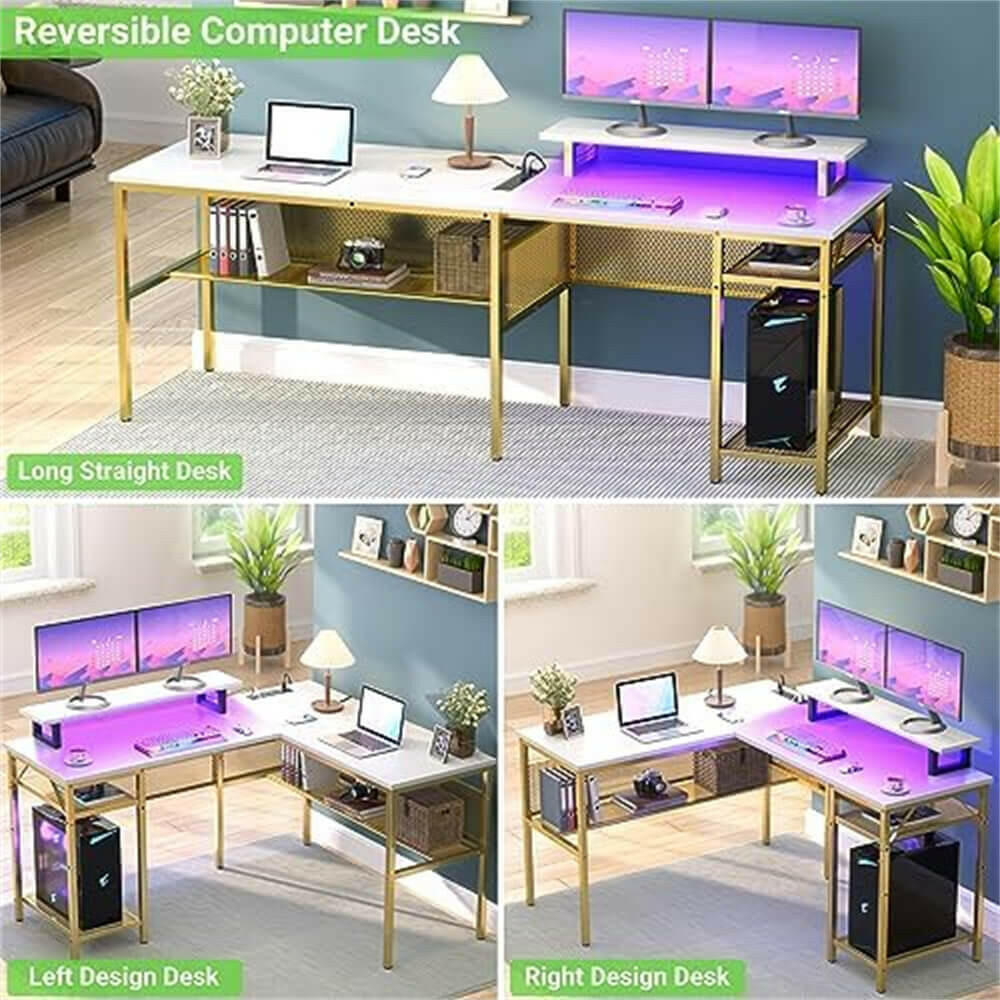 Unikito L Shaped Desk, Reversible Corner Computer Desk with Magic Power Outlets and Smart LED Light, Unique Grid Design, 55 Inch Office Desk with Monitor Stand and Storage Shelf