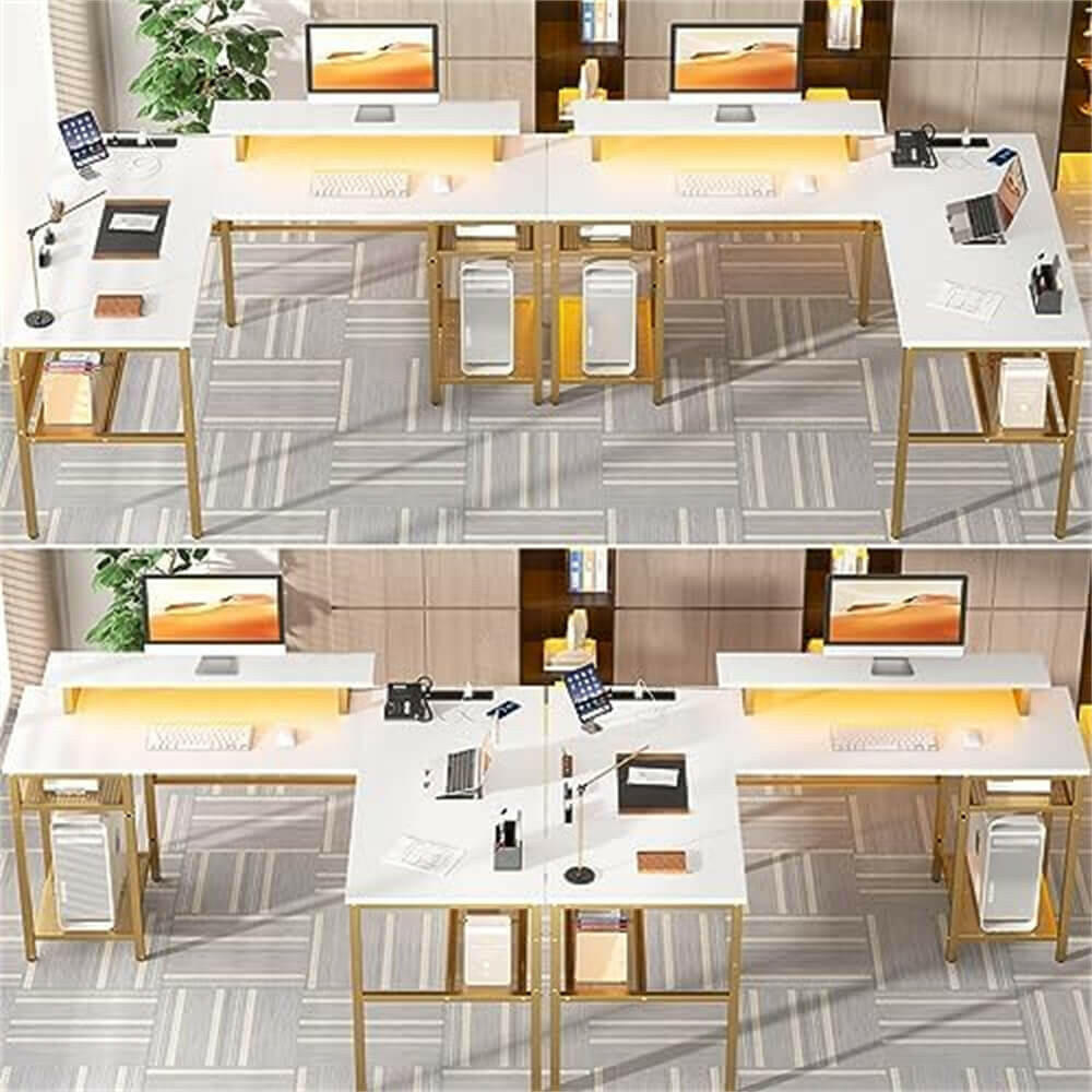 Unikito L Shaped Desk, Reversible Corner Computer Desk with Magic Power Outlets and Smart LED Light, Unique Grid Design, 55 Inch Office Desk with Monitor Stand and Storage Shelf