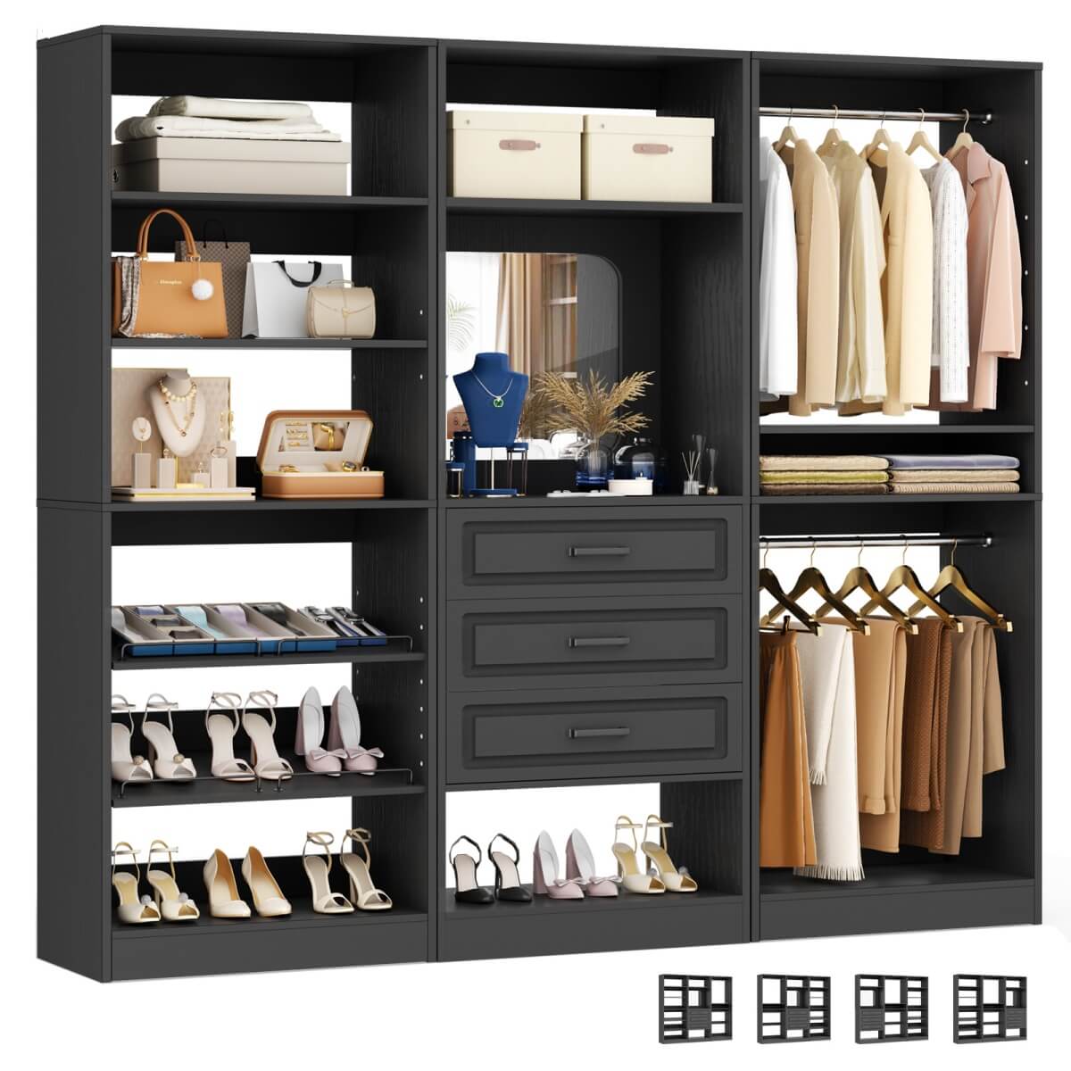 Modular 75" Closet System 3-Piece Set, with Drawers, Hanging Rods, and Shelves