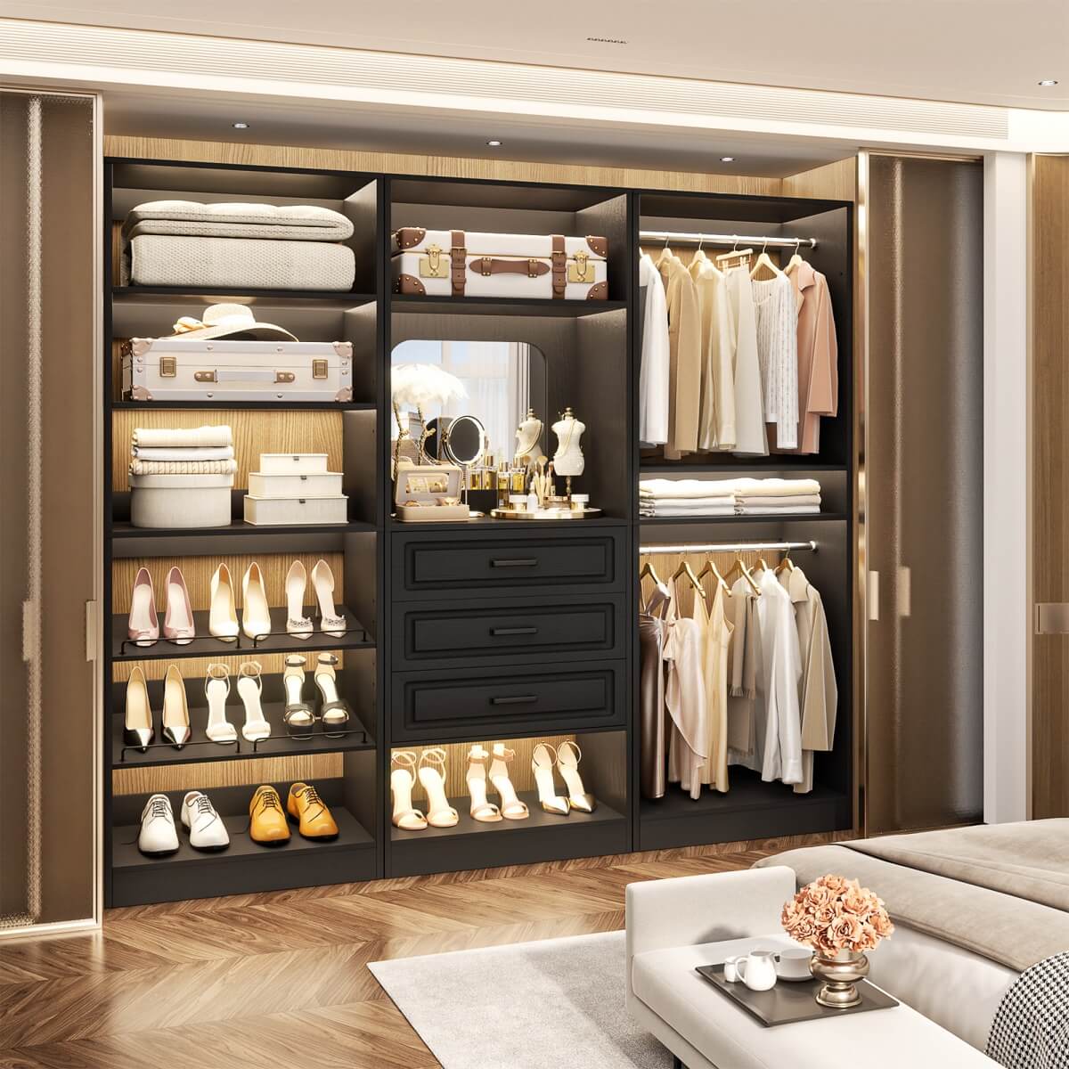 Modular 75" Closet System 3-Piece Set, with Drawers, Hanging Rods, and Shelves