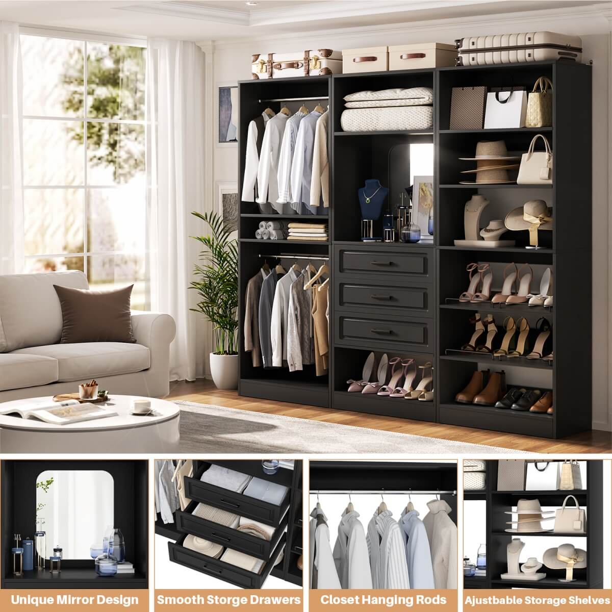 Modular 75" Closet System 3-Piece Set, with Drawers, Hanging Rods, and Shelves