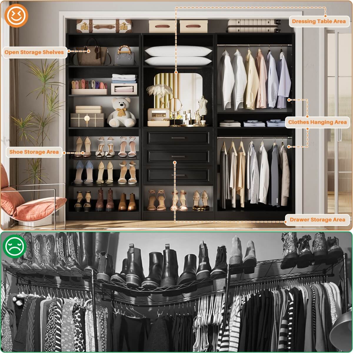 Modular 75" Closet System 3-Piece Set, with Drawers, Hanging Rods, and Shelves