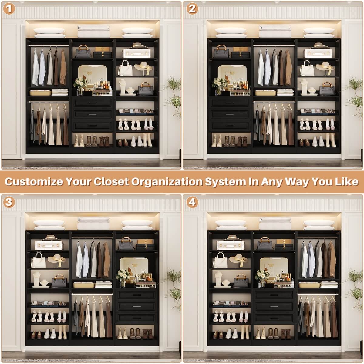 Modular 75" Closet System 3-Piece Set, with Drawers, Hanging Rods, and Shelves