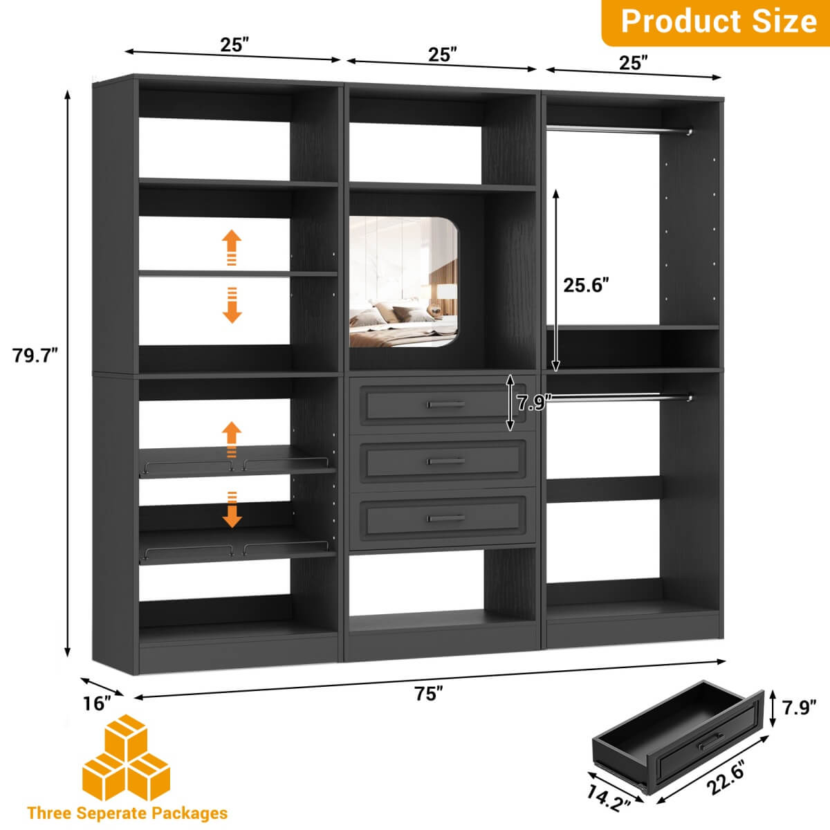 Modular 75" Closet System 3-Piece Set, with Drawers, Hanging Rods, and Shelves