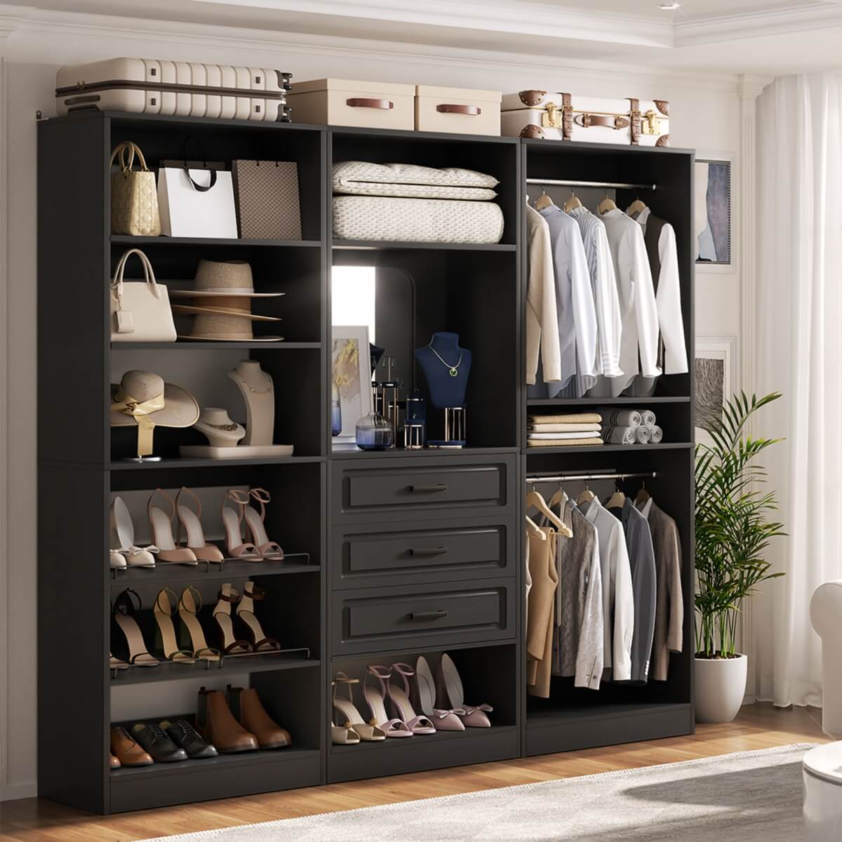 Modular 75" Closet System 3-Piece Set, with Drawers, Hanging Rods, and Shelves
