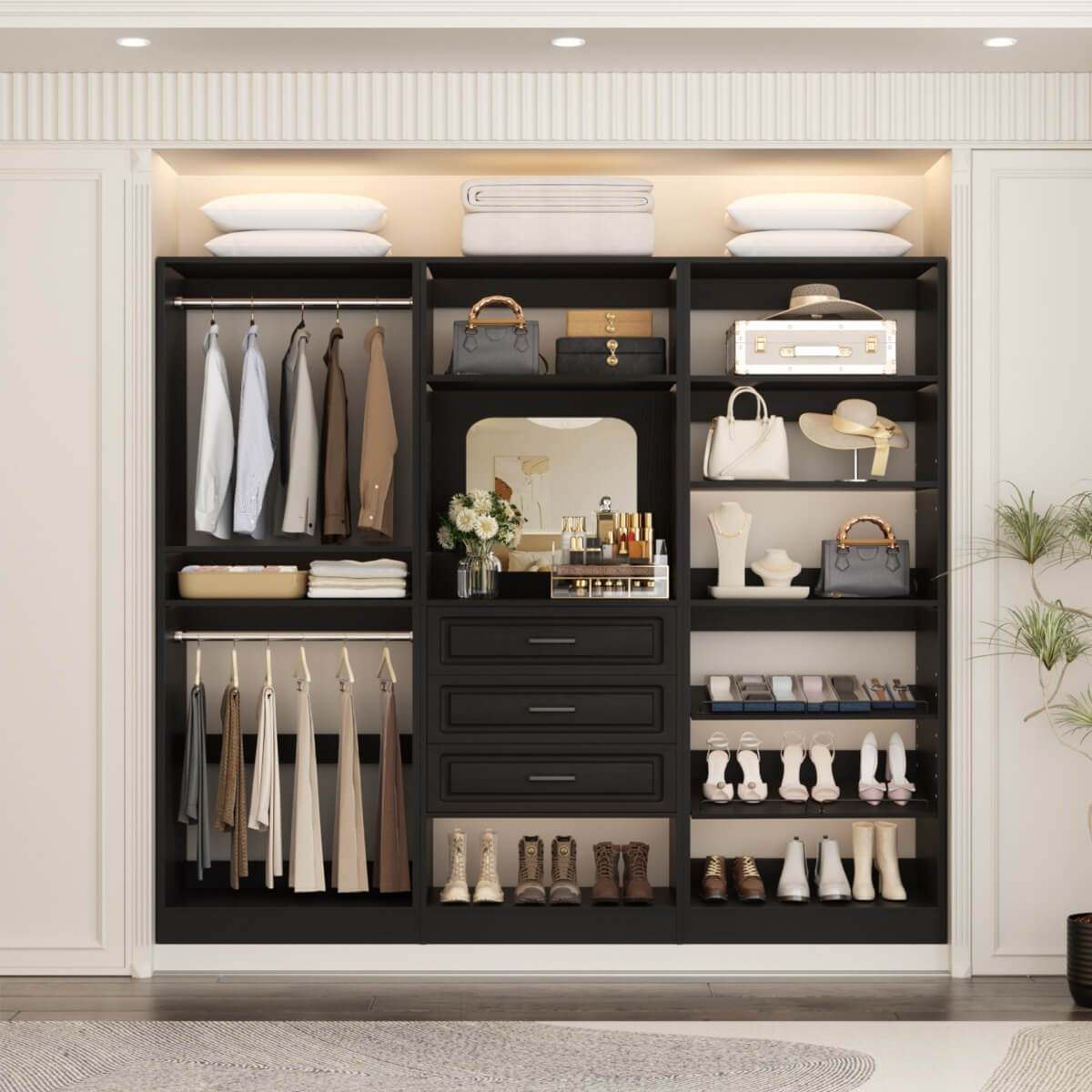 Modular 75" Closet System 3-Piece Set, with Drawers, Hanging Rods, and Shelves