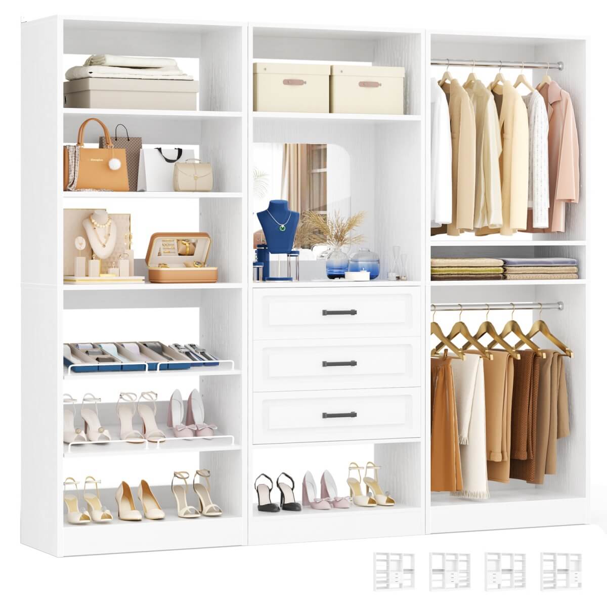Modular 75" Closet System 3-Piece Set, with Drawers, Hanging Rods, and Shelves