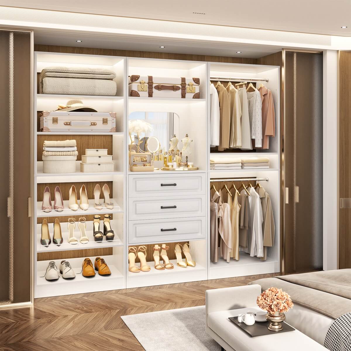 Modular 75" Closet System 3-Piece Set, with Drawers, Hanging Rods, and Shelves
