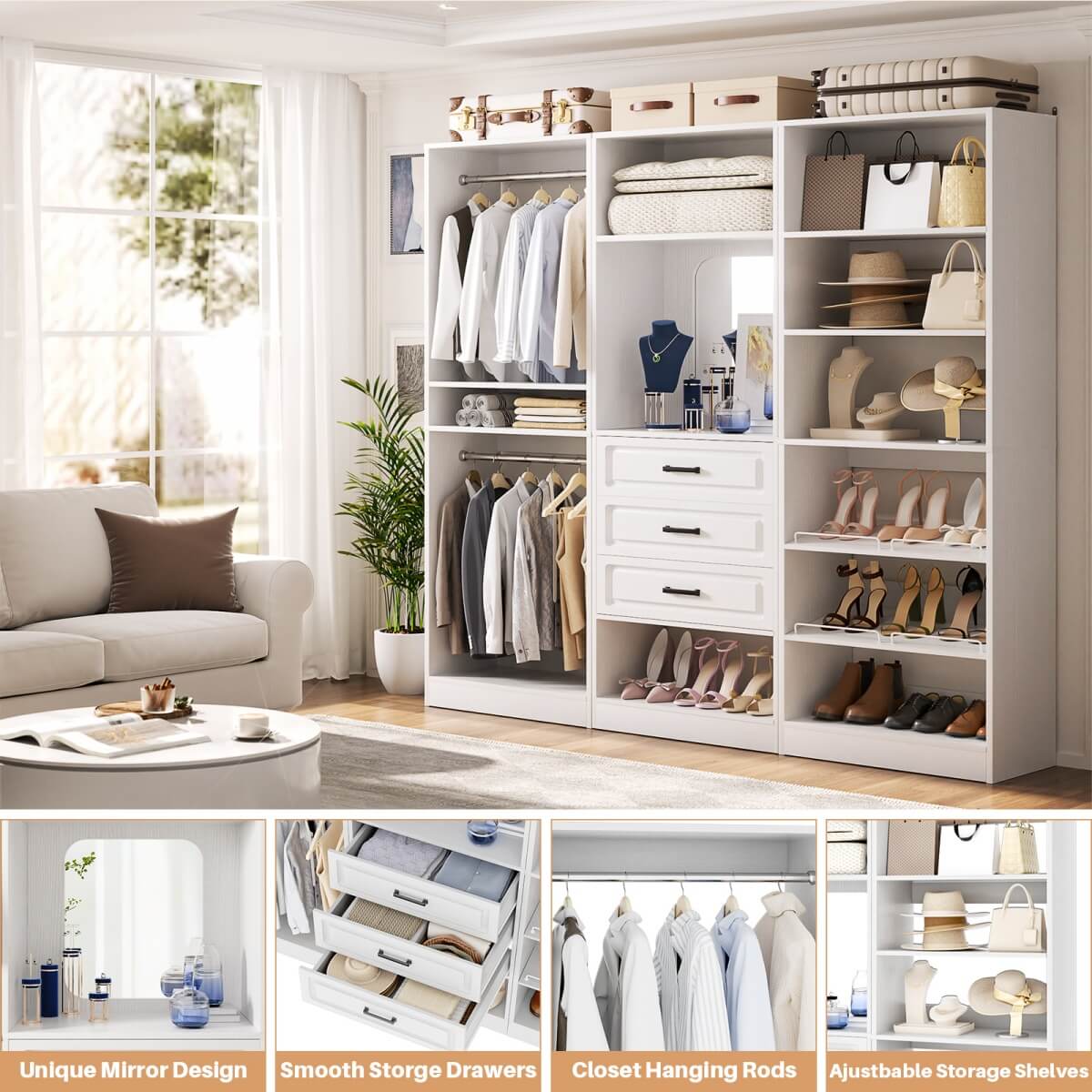 Modular 75" Closet System 3-Piece Set, with Drawers, Hanging Rods, and Shelves