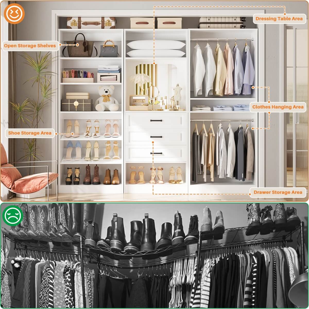 Modular 75" Closet System 3-Piece Set, with Drawers, Hanging Rods, and Shelves