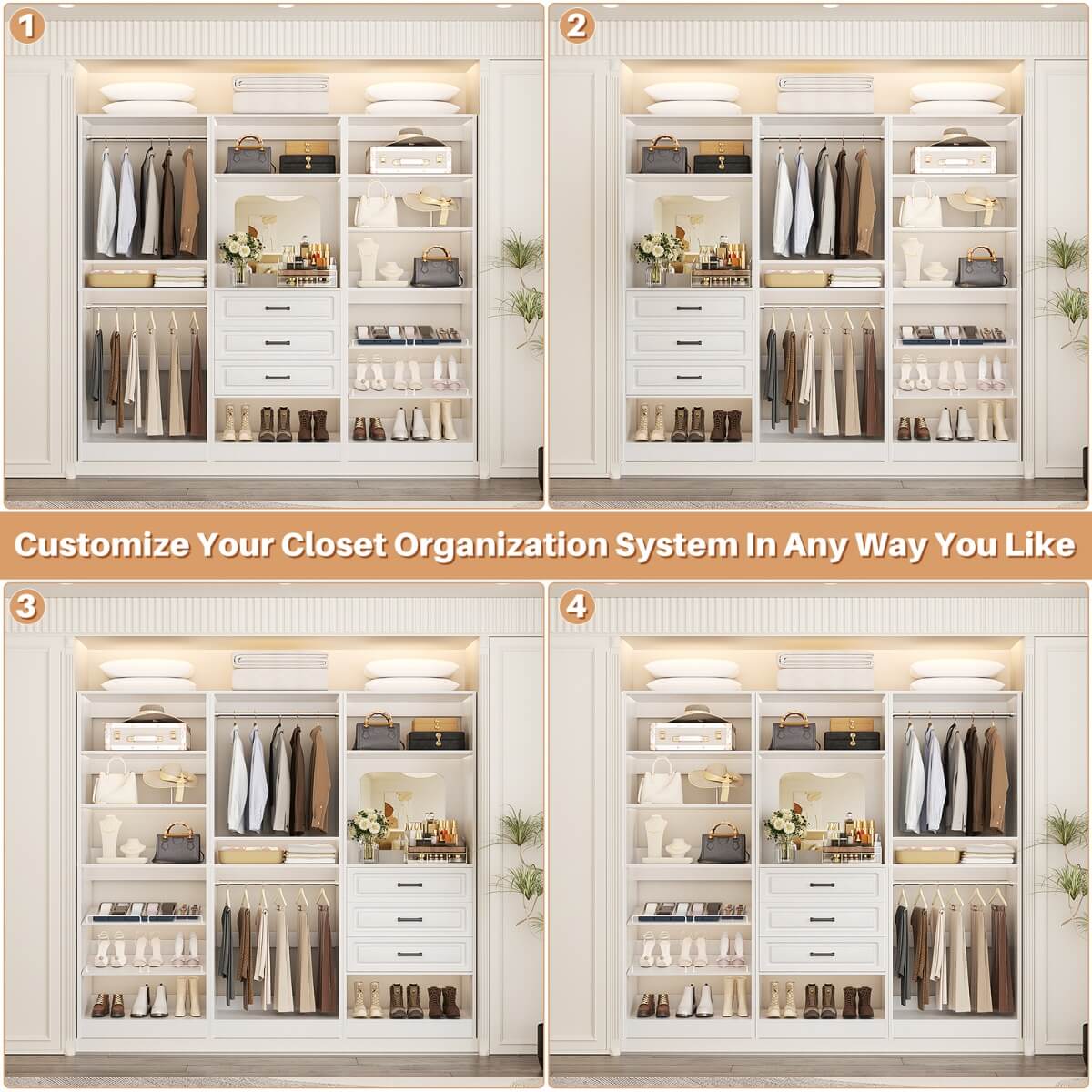 Modular 75" Closet System 3-Piece Set, with Drawers, Hanging Rods, and Shelves