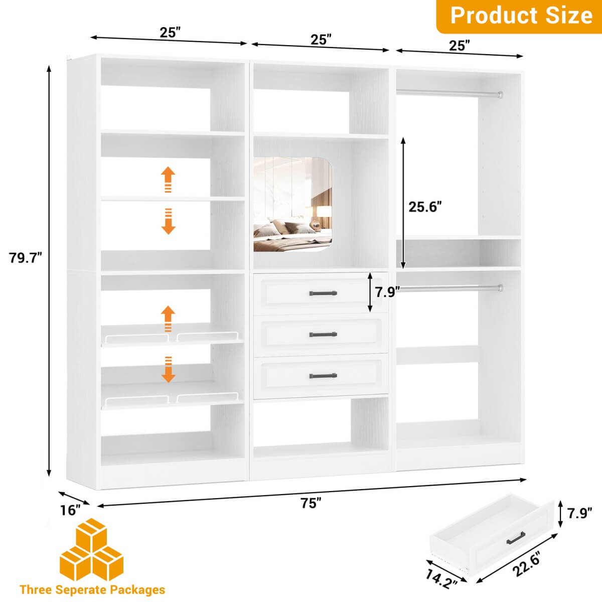 Modular 75" Closet System 3-Piece Set, with Drawers, Hanging Rods, and Shelves