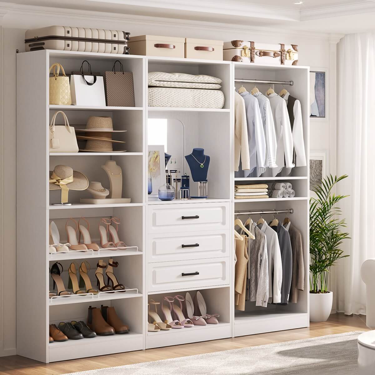 Modular 75" Closet System 3-Piece Set, with Drawers, Hanging Rods, and Shelves