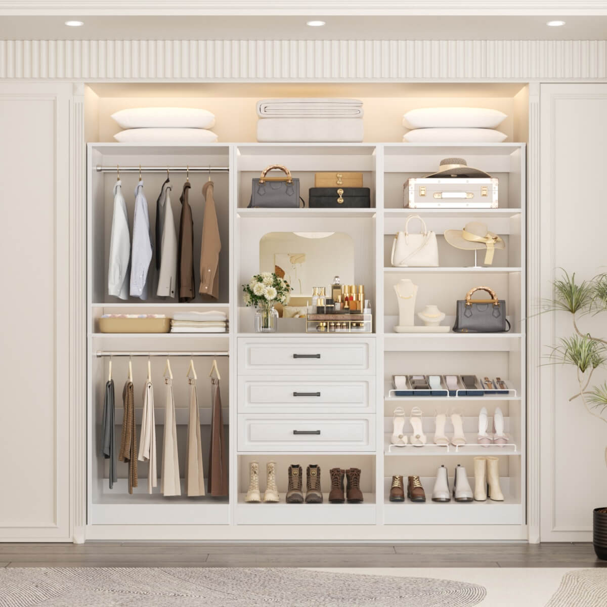 Modular 75" Closet System 3-Piece Set, with Drawers, Hanging Rods, and Shelves