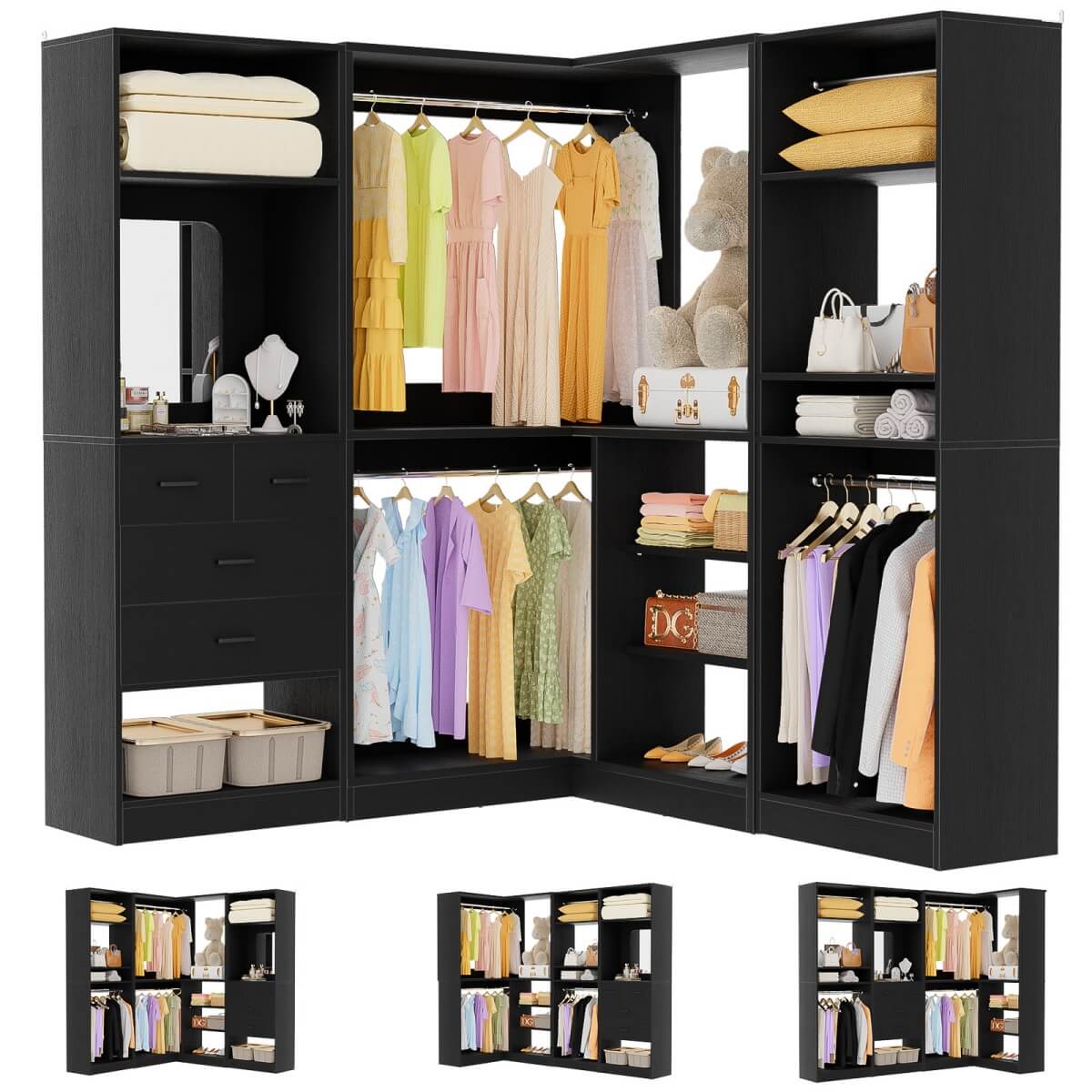 Closet System with Drawers, Hanging Rods and Corner, 86'', 3 Packs