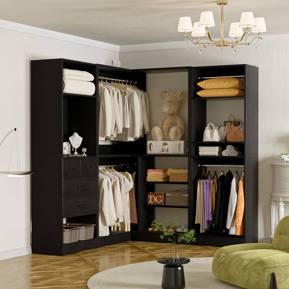 Closet System with Drawers, Hanging Rods and Corner, 86'', 3 Packs