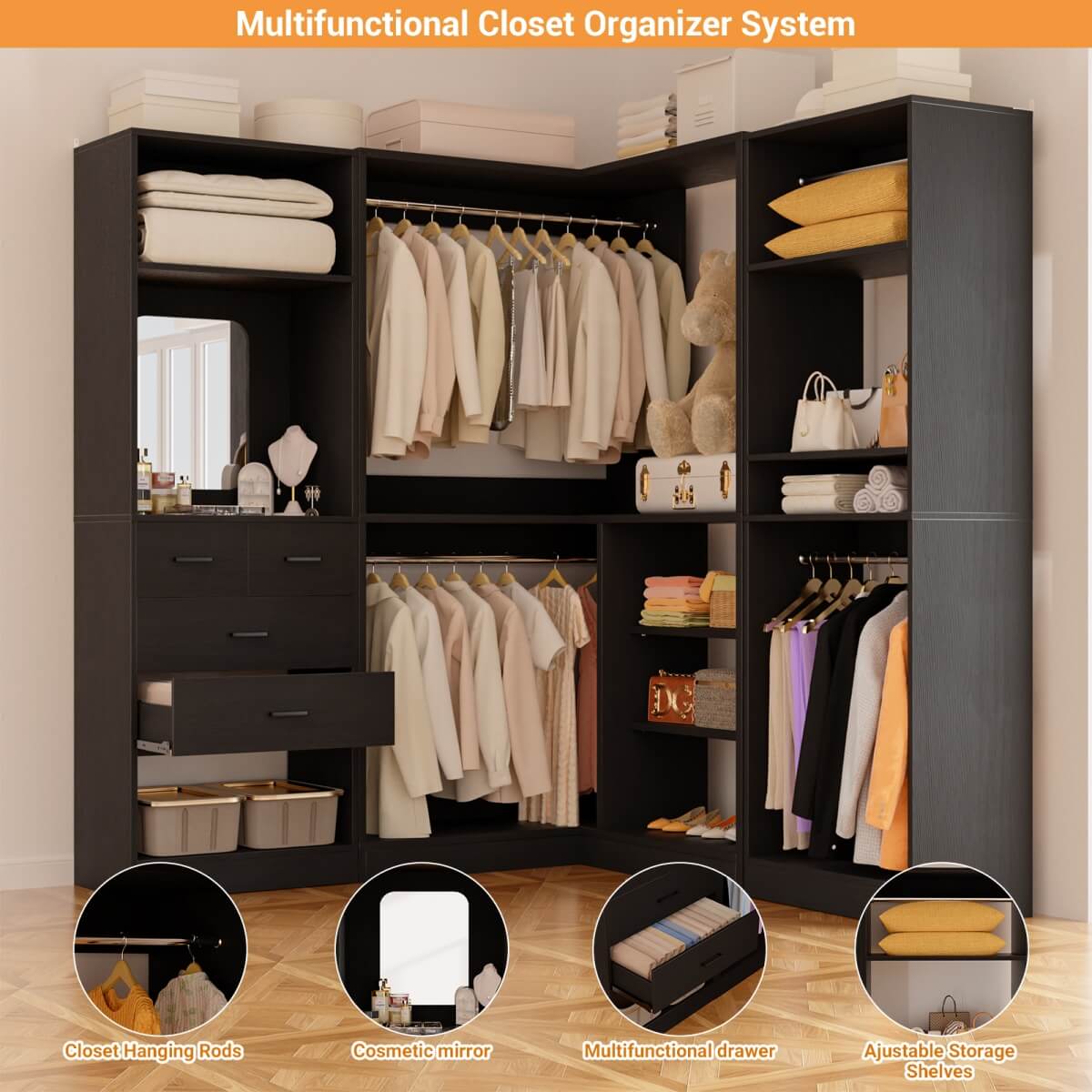Closet System with Drawers, Hanging Rods and Corner, 86'', 3 Packs