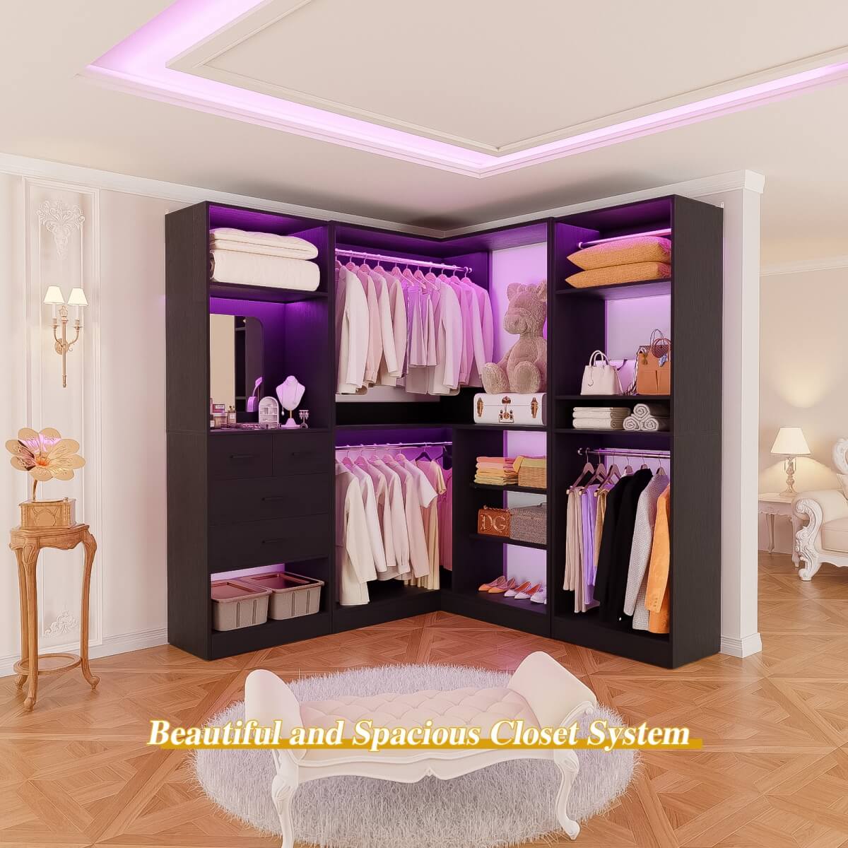 Closet System with Drawers, Hanging Rods and Corner, 86'', 3 Packs