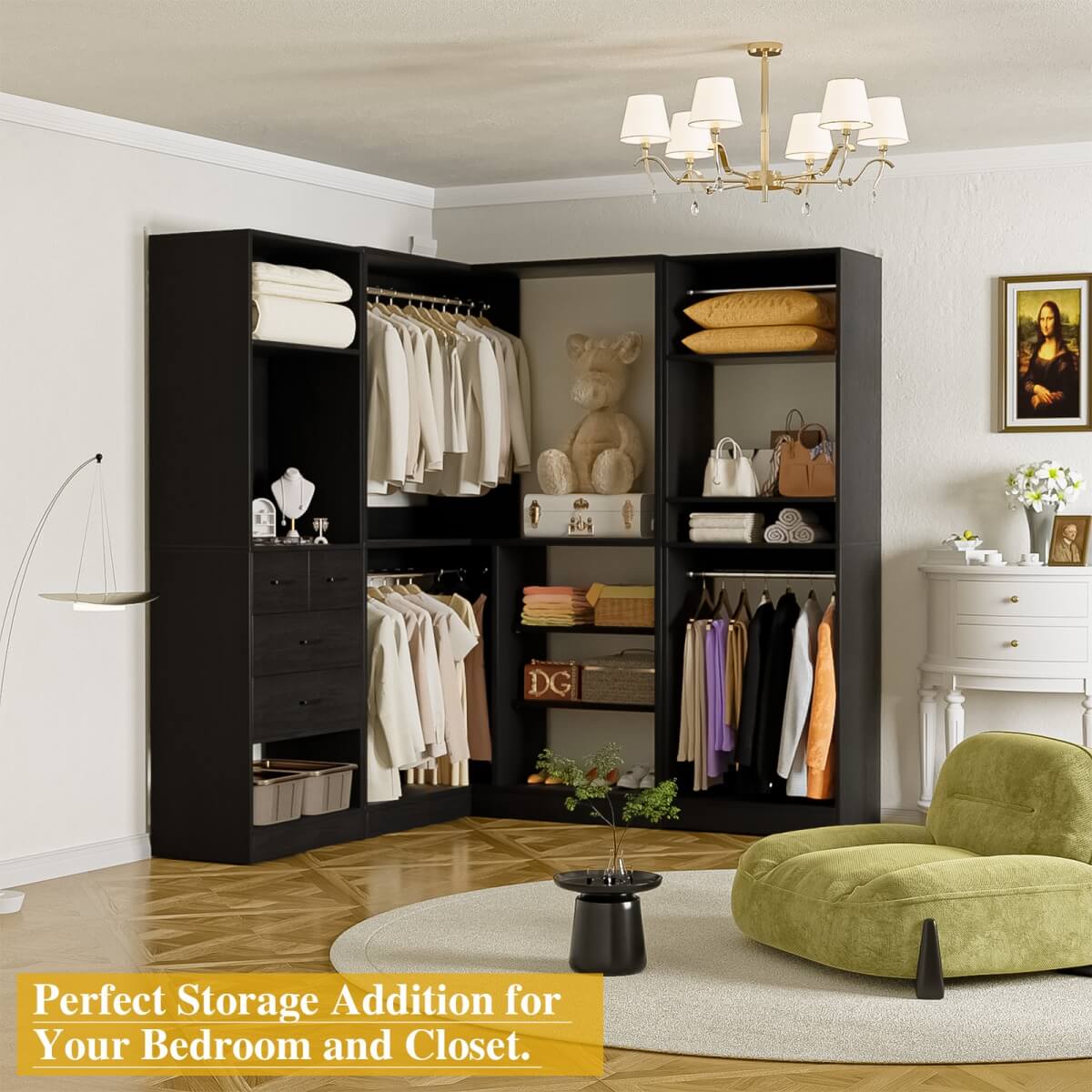 Closet System with Drawers, Hanging Rods and Corner, 86'', 3 Packs