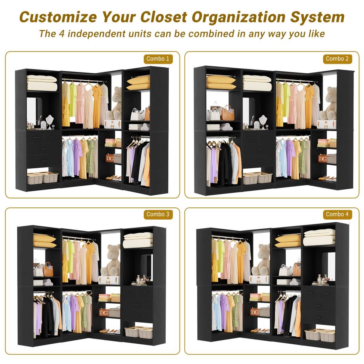 Closet System with Drawers, Hanging Rods and Corner, 86'', 3 Packs