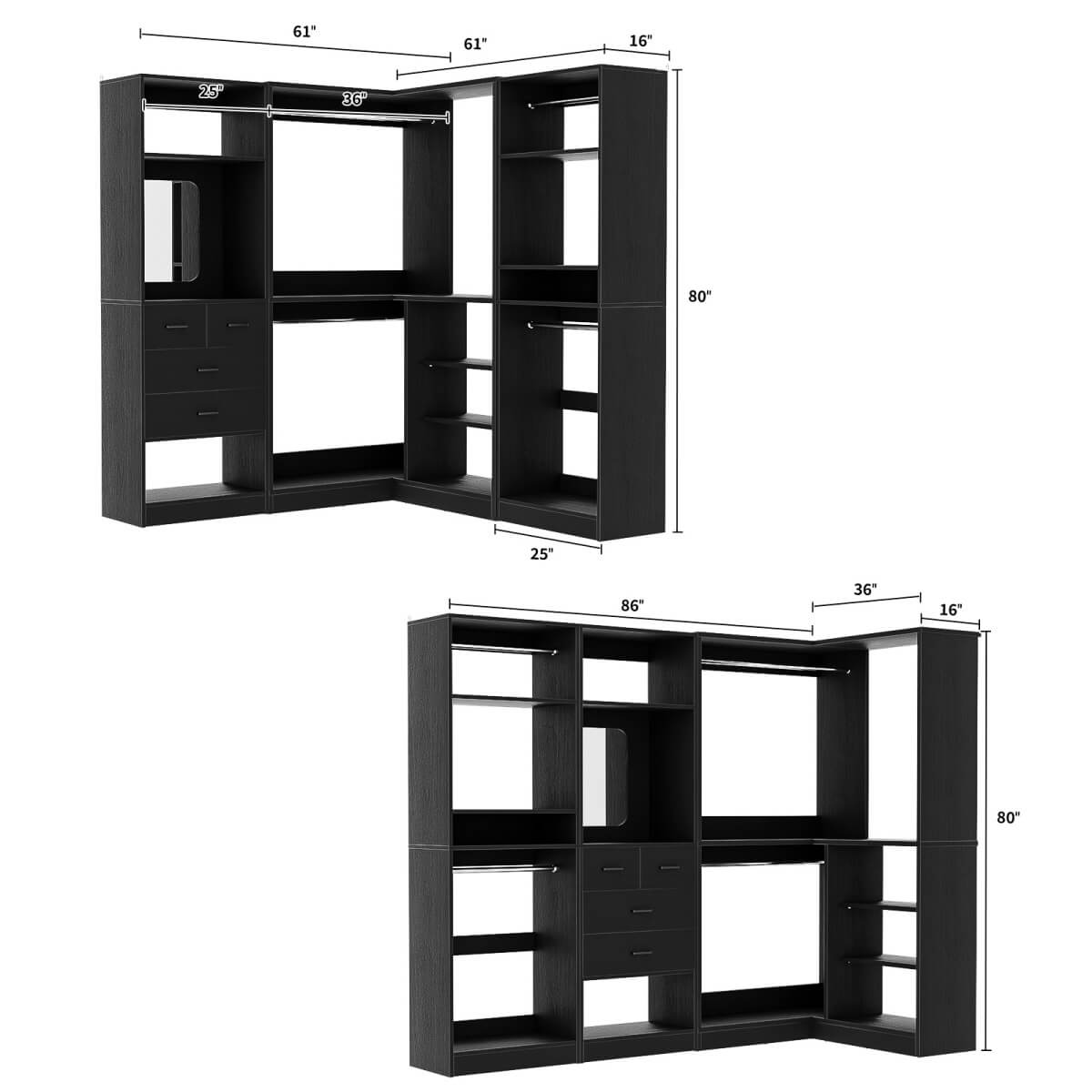 Closet System with Drawers, Hanging Rods and Corner, 86'', 3 Packs