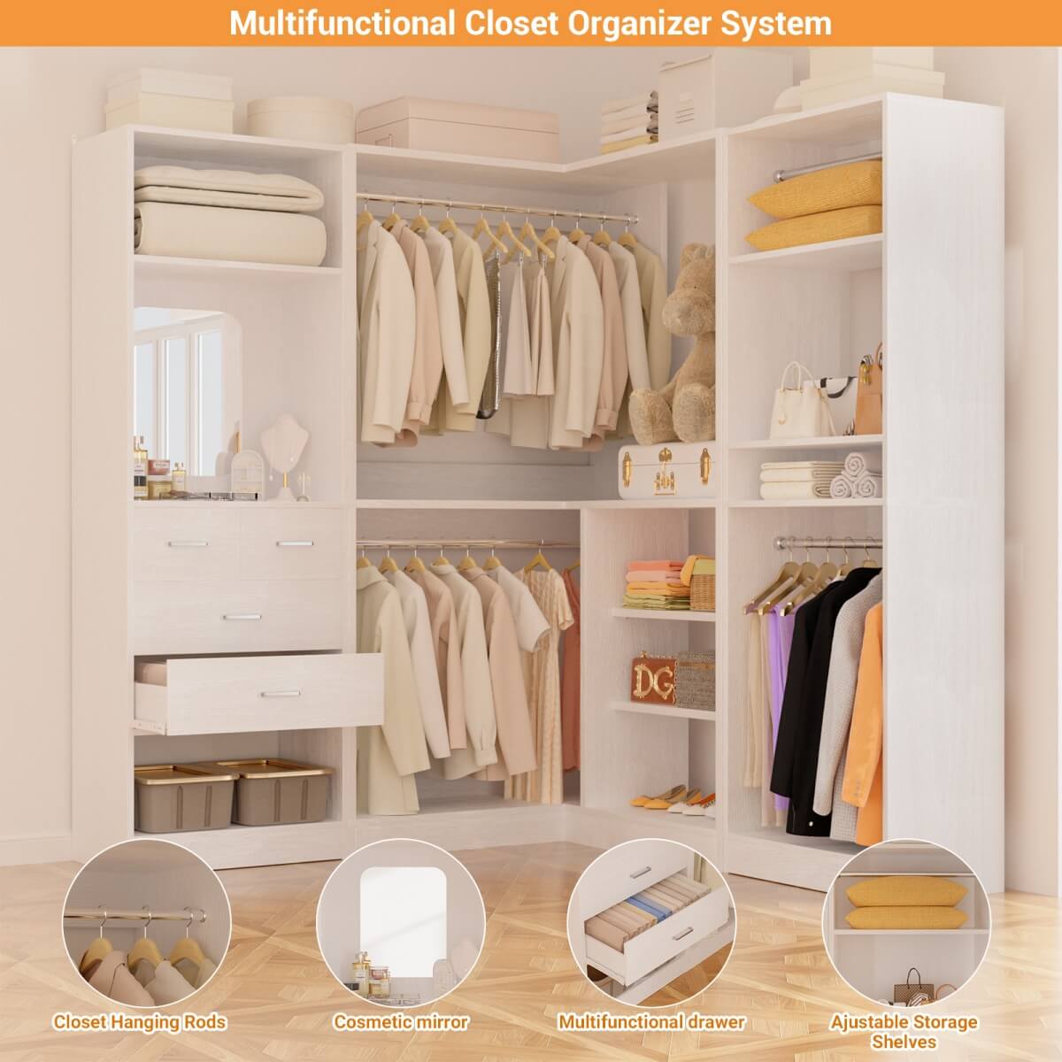Closet System with Drawers, Hanging Rods and Corner, 86'', 3 Packs