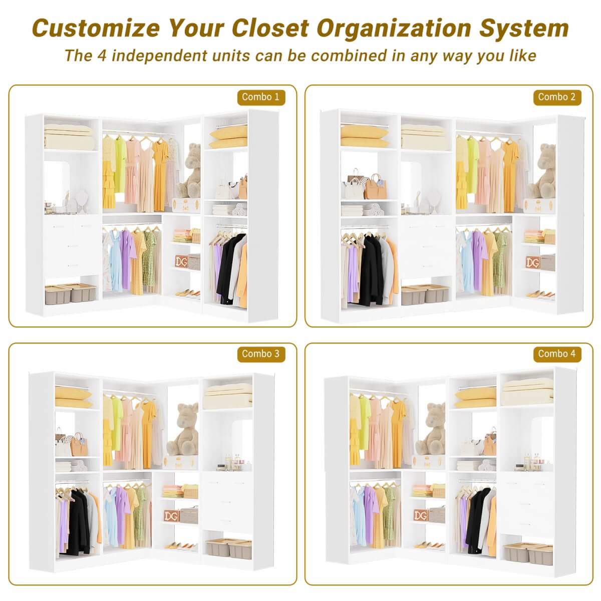 Closet System with Drawers, Hanging Rods and Corner, 86'', 3 Packs