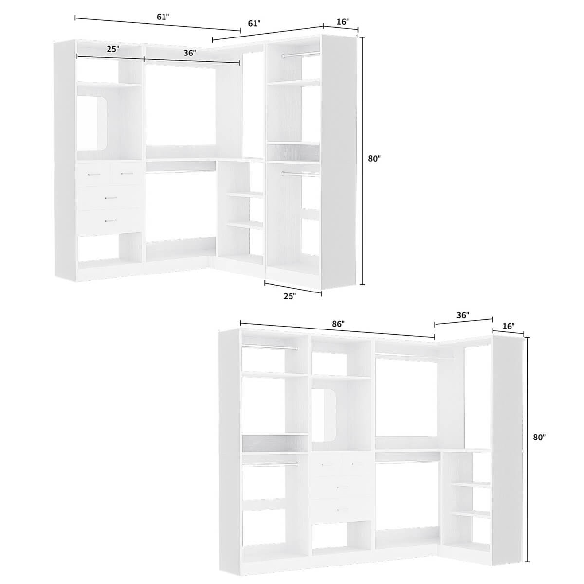 Closet System with Drawers, Hanging Rods and Corner, 86'', 3 Packs