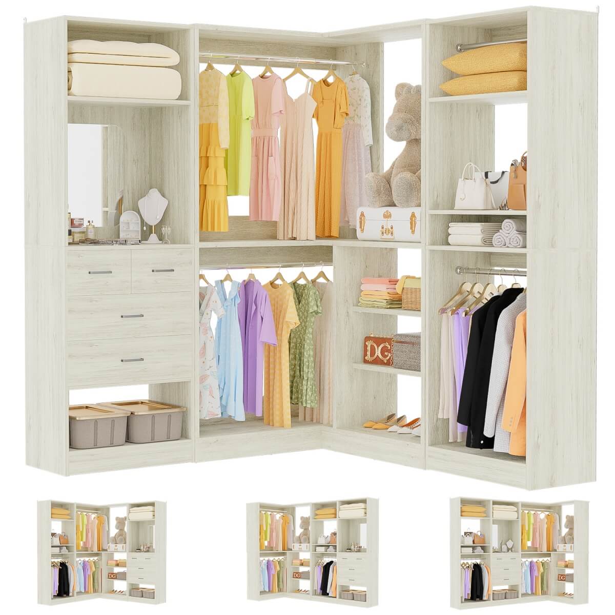 Closet System with Drawers, Hanging Rods and Corner, 86'', 3 Packs