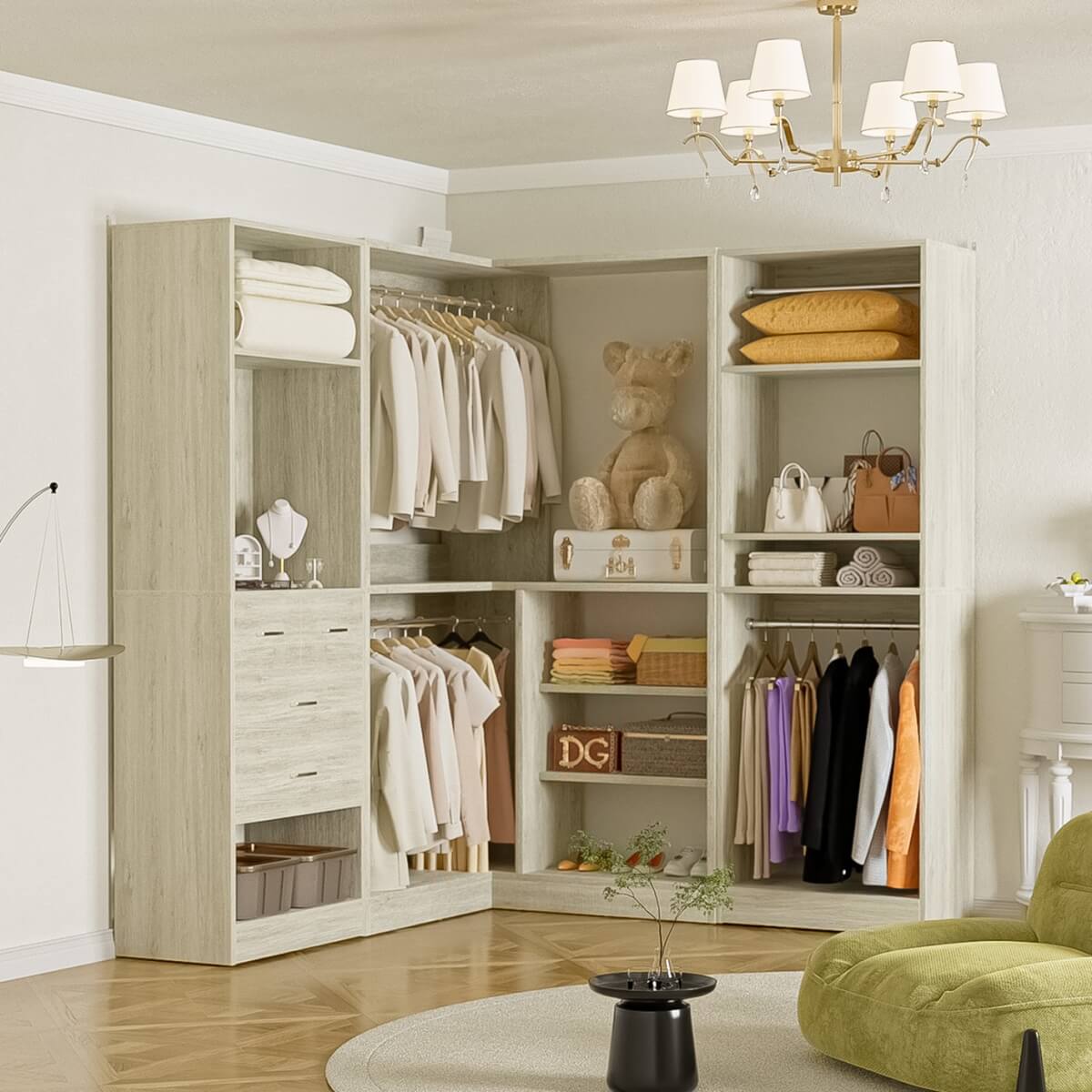 Closet System with Drawers, Hanging Rods and Corner, 86'', 3 Packs