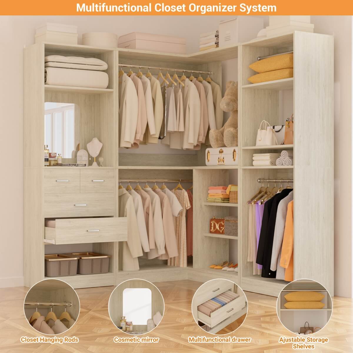 Closet System with Drawers, Hanging Rods and Corner, 86'', 3 Packs
