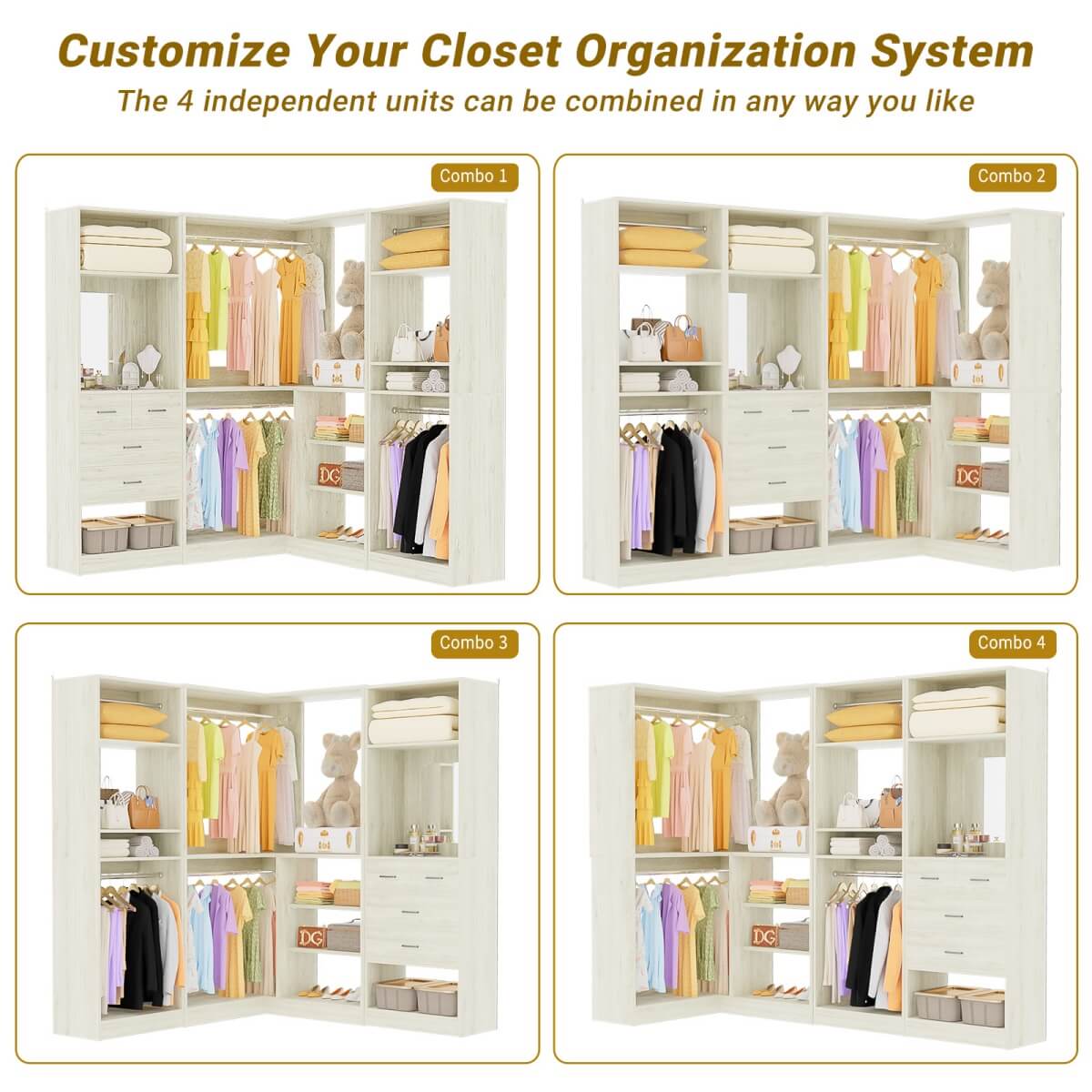 Closet System with Drawers, Hanging Rods and Corner, 86'', 3 Packs