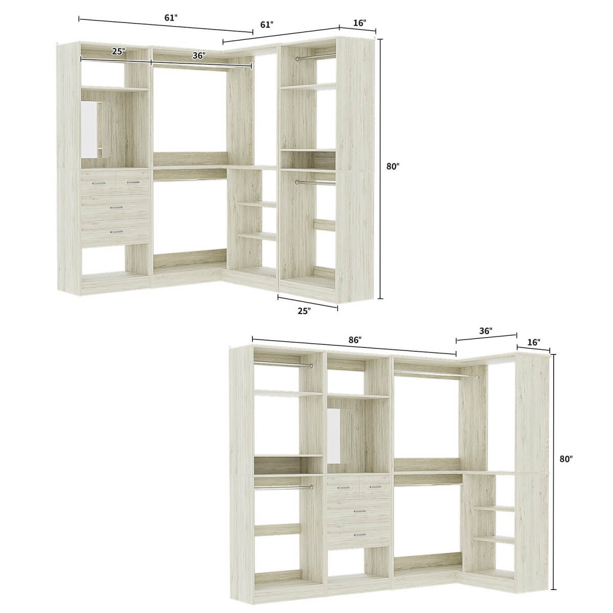 Closet System with Drawers, Hanging Rods and Corner, 86'', 3 Packs