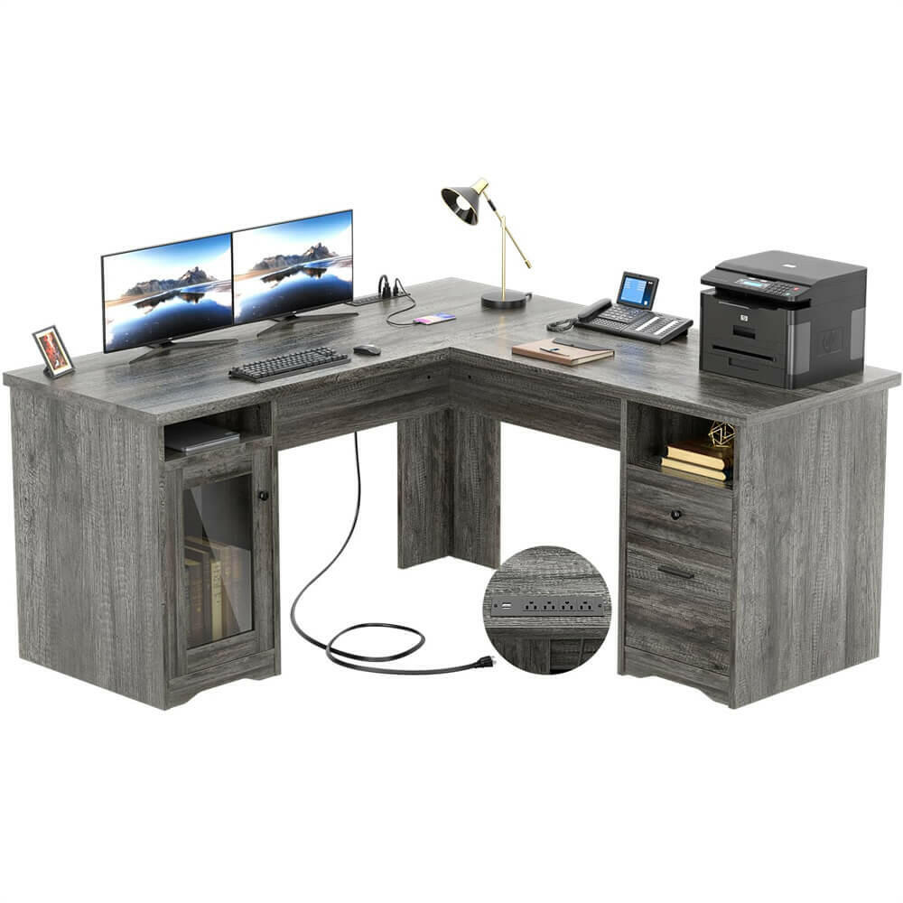 Unikito L Shaped Office Desk with Drawers, 60 Inch Corner Desk with Power Outlet and USB Charging Ports, Large Computer Desk with File Cabinets, Executive Desk with Storage Cabinet