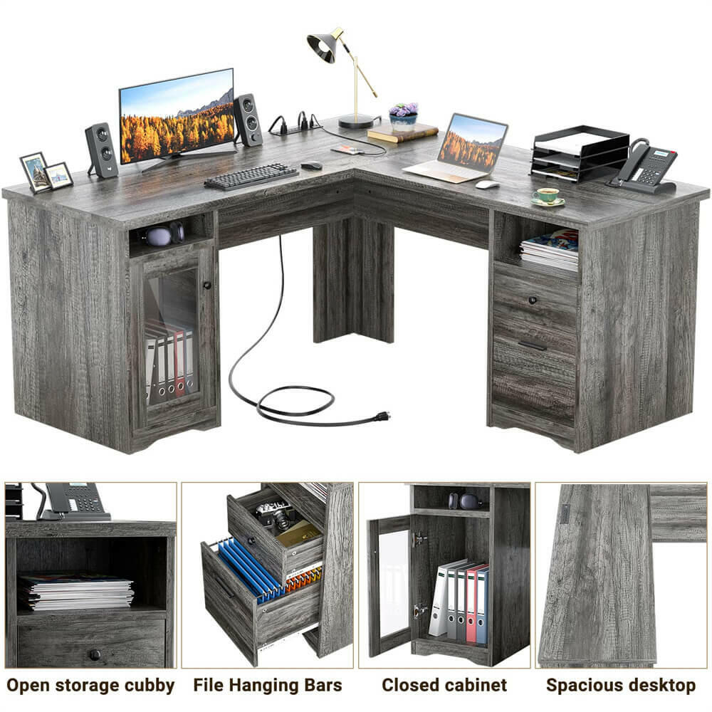 Unikito L Shaped Office Desk with Drawers, 60 Inch Corner Desk with Power Outlet and USB Charging Ports, Large Computer Desk with File Cabinets, Executive Desk with Storage Cabinet